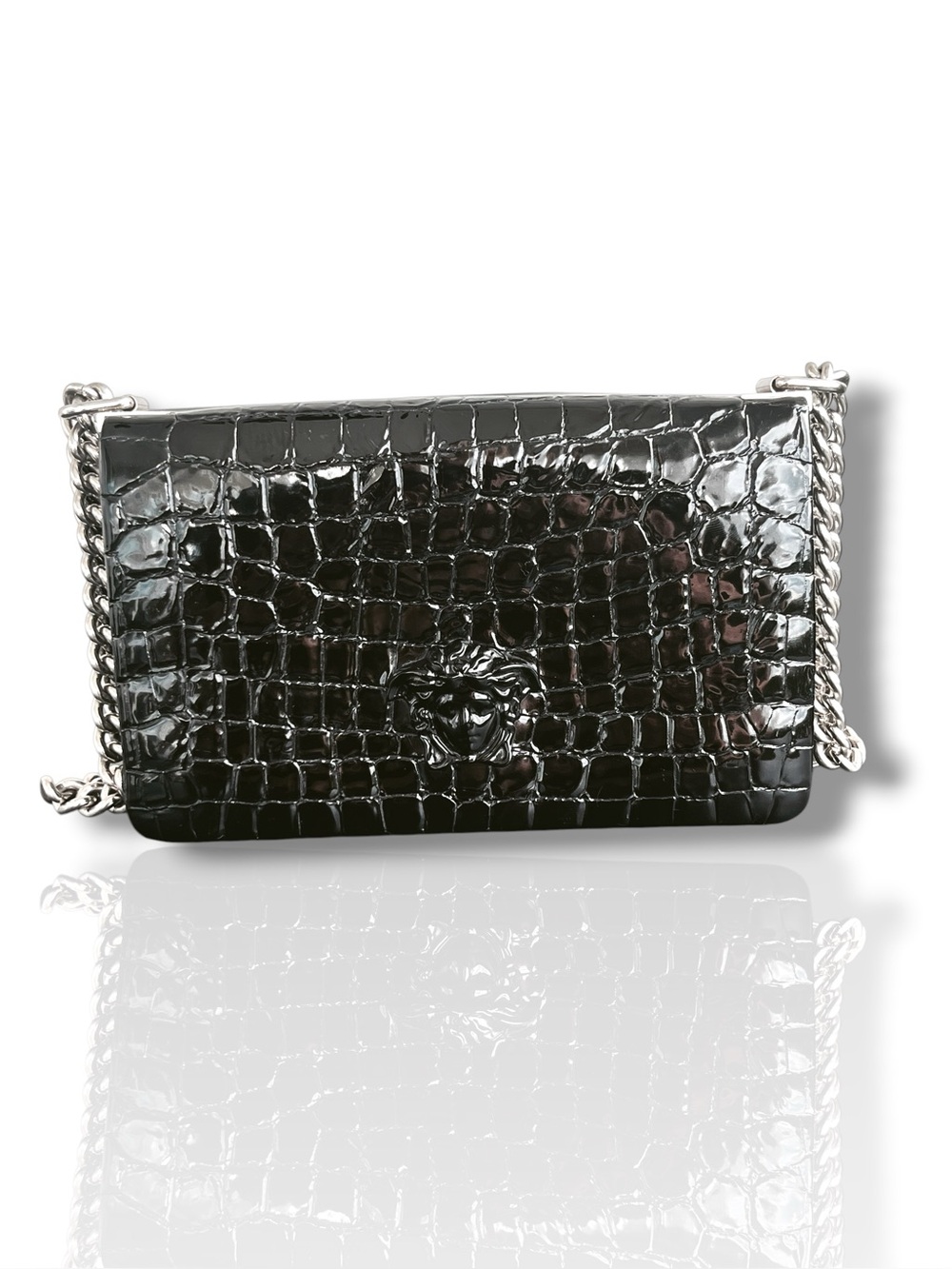 Versace Black Croc Embossed Medusa Chain Shoulder Bag